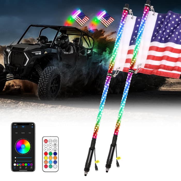 1.2m Colorful LED Flagpole Light Flowing Running Decoration Light Off-Road Beach Buggy Warning Light APP Remote Control Pair