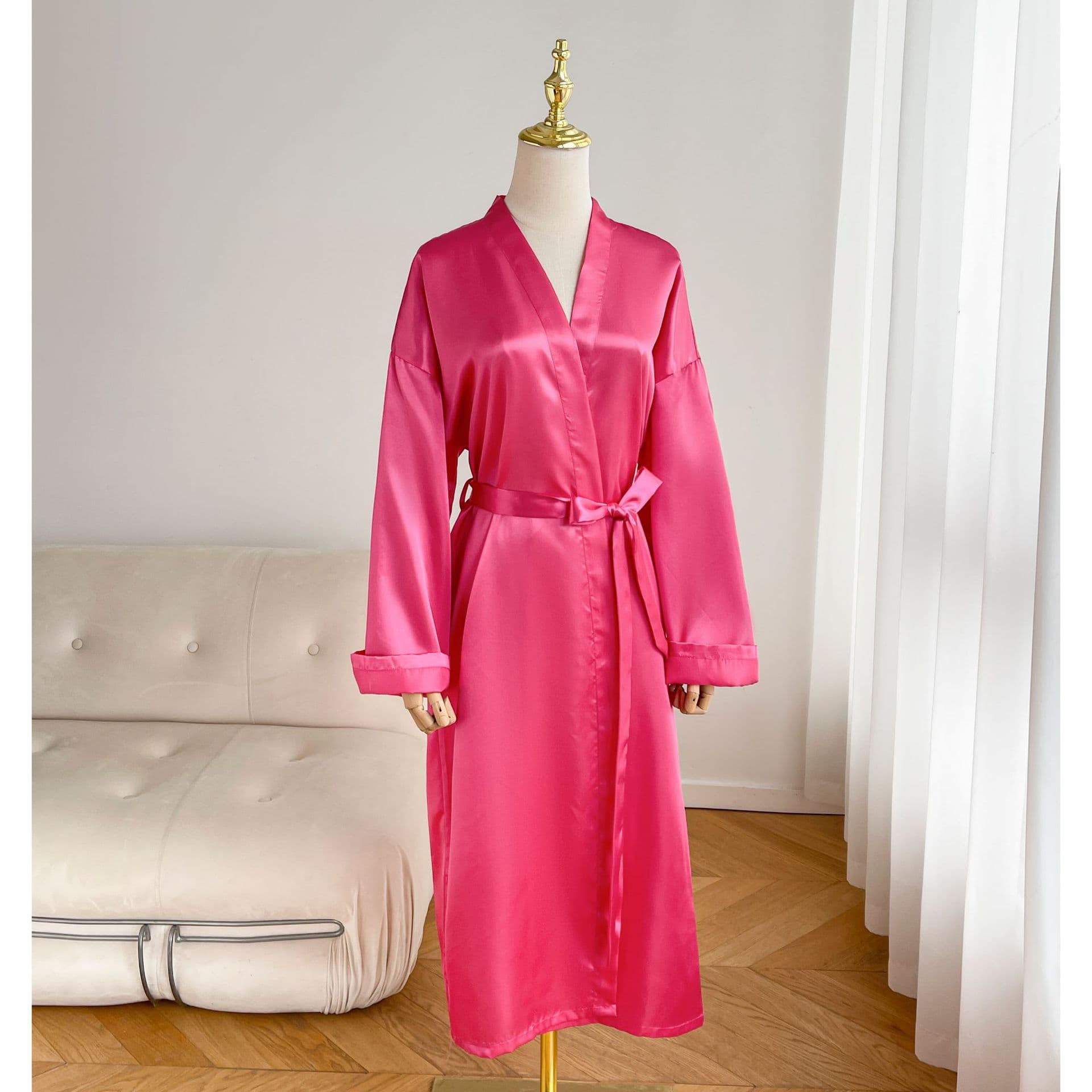 Spring/Summer Sexy Faux Silk Nightgown Women's Wedding Robe Hotel Style Bathrobe Extra Long Thin Women's Home Wear