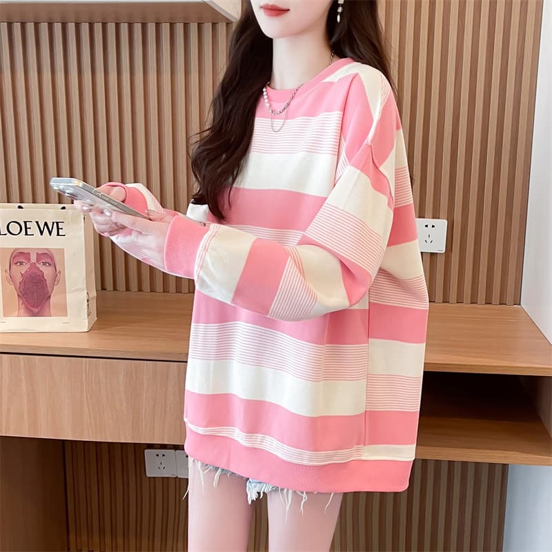 American Retro Striped Thin Sweatshirt for Women 2024 New Autumn Slim Fit Plus Size Tummy Cover Loose Korean Style Top