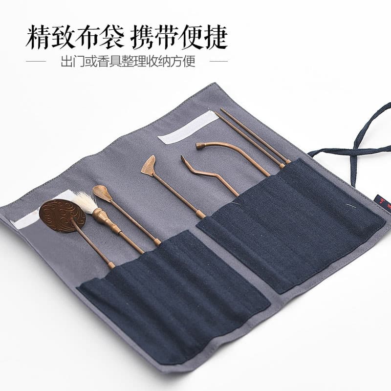 6-Piece Brass Antique-Style Incense Seal Set with Seven Tools Including Spoon, Shovel, and Heat Barrier for Incense Art and Ash Management