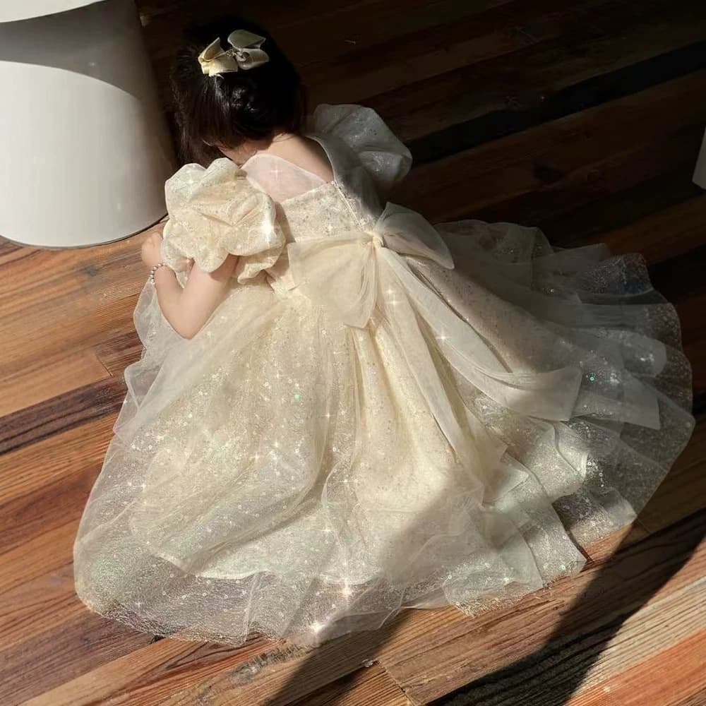 New Summer Piano Performance Dress for Kids, Birthday Bubble Sleeve Princess Gown, High-End Luxury Dress