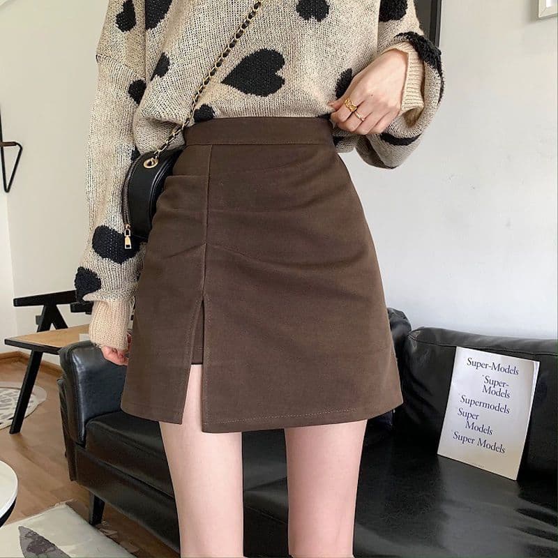 Plus Size Curvy Women's Autumn Split A-Line Skirt, Slimming High-Waist Pleated Pencil Mini Skirt