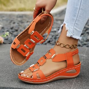 Summer New Style Metal Wedge Heel Sandals Women 2026 Thick Sole Plus Size Cross-border Open Toe Chunky Roman Sandals In Stock