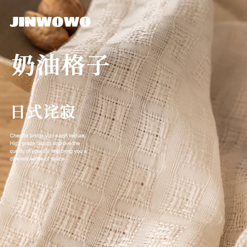 Japanese Linen Gauze Curtain, Thickened Living Room Bedroom Cotton Linen Semi-Blackout Window Sheer, Nordic Curtain Partition Checkered Curtain