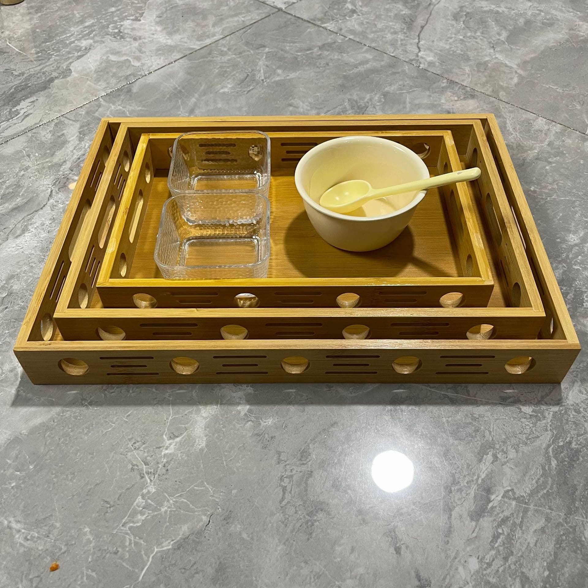Bamboo tray carved creative tray household simple handle tray serving tray tea cup storage tray wholesale direct sales