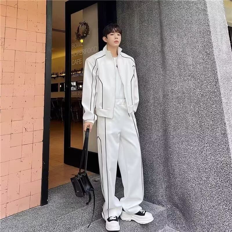 Premium Casual Sportswear Set for Men: Oversized Design Open-Front Jacket with Wide-Leg Pants, Two-Piece Trendy Outfit