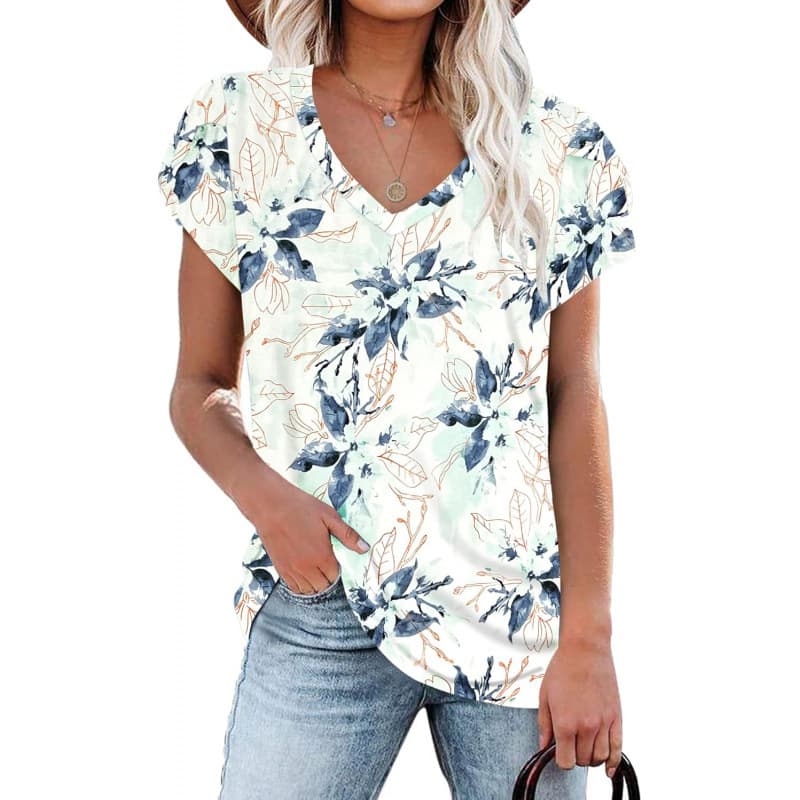 Cross-border Amazon European and American V-neck petal sleeve shirt women's 2026 summer new casual short-sleeved beach top