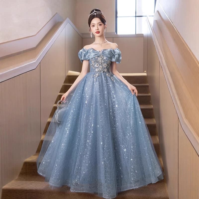 One shoulder blue evening dress 2026 new high-end beautiful light luxury niche host high-end annual meeting female