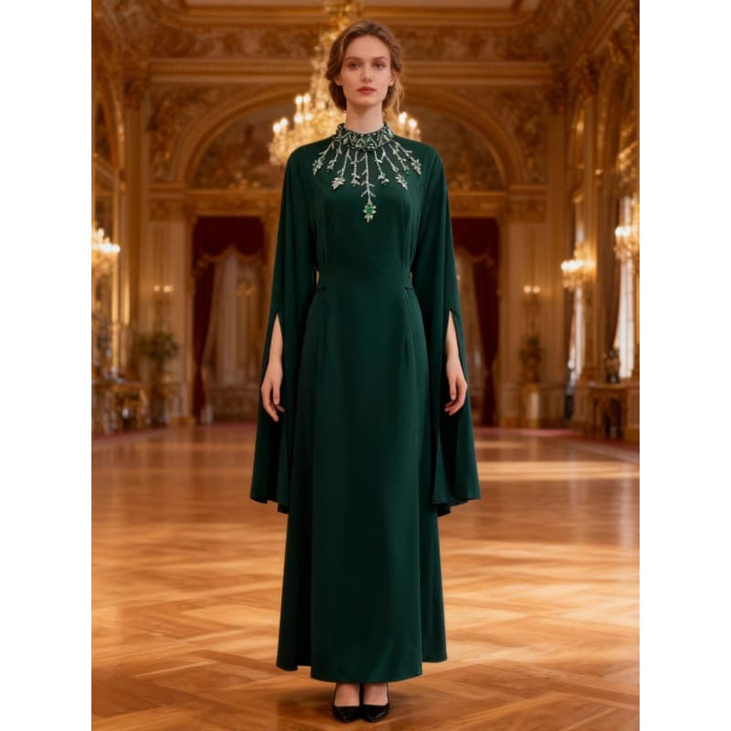 Elegant High Neck Long Sleeve Evening Dress with Sparkling Rhinestones, Cross-Border Women's Fashion, High-End Fitted Waist Dress