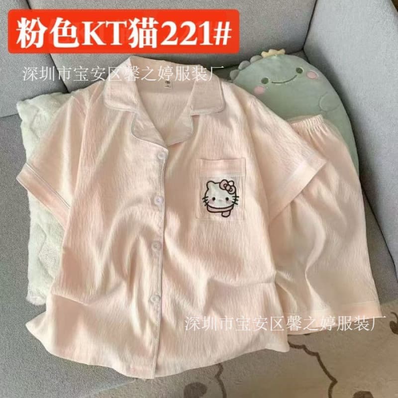 Cross-border Sweet Pajamas Summer Cloud Cotton Short Sleeve Shorts Girl Turn-down Collar Pajamas Women's Wearable Out Home