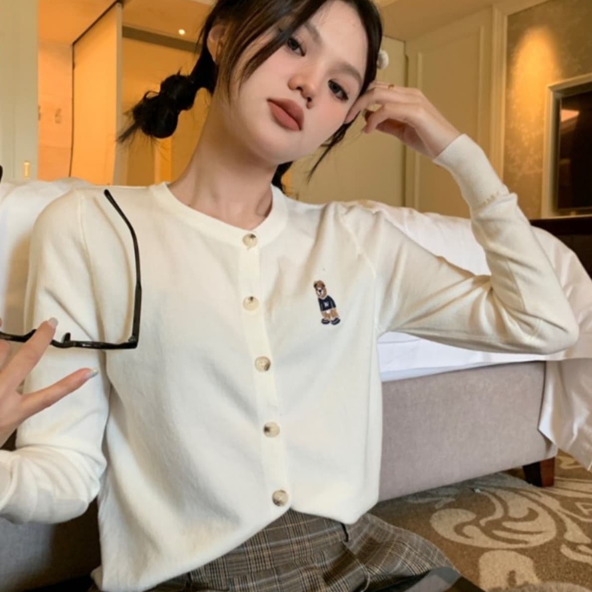 Bear Sweater Knit Cardigan Coat for Women Fall Winter 2023 New Black Gray Short Long Sleeve Top