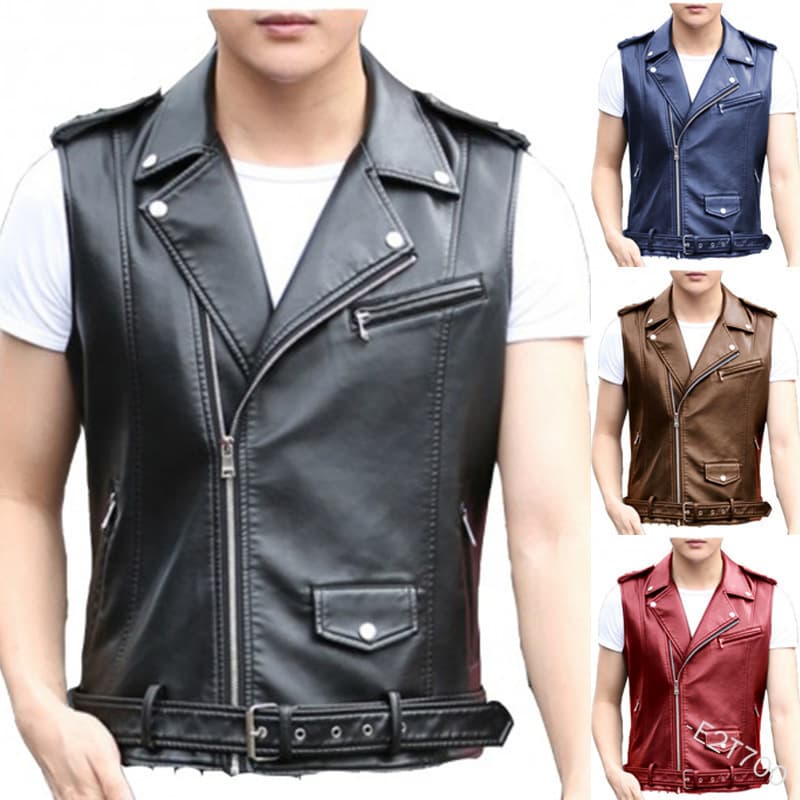 2021 European and American new style short slim punk motorcycle leather vest diagonal zipper PU leather vest for men in stock