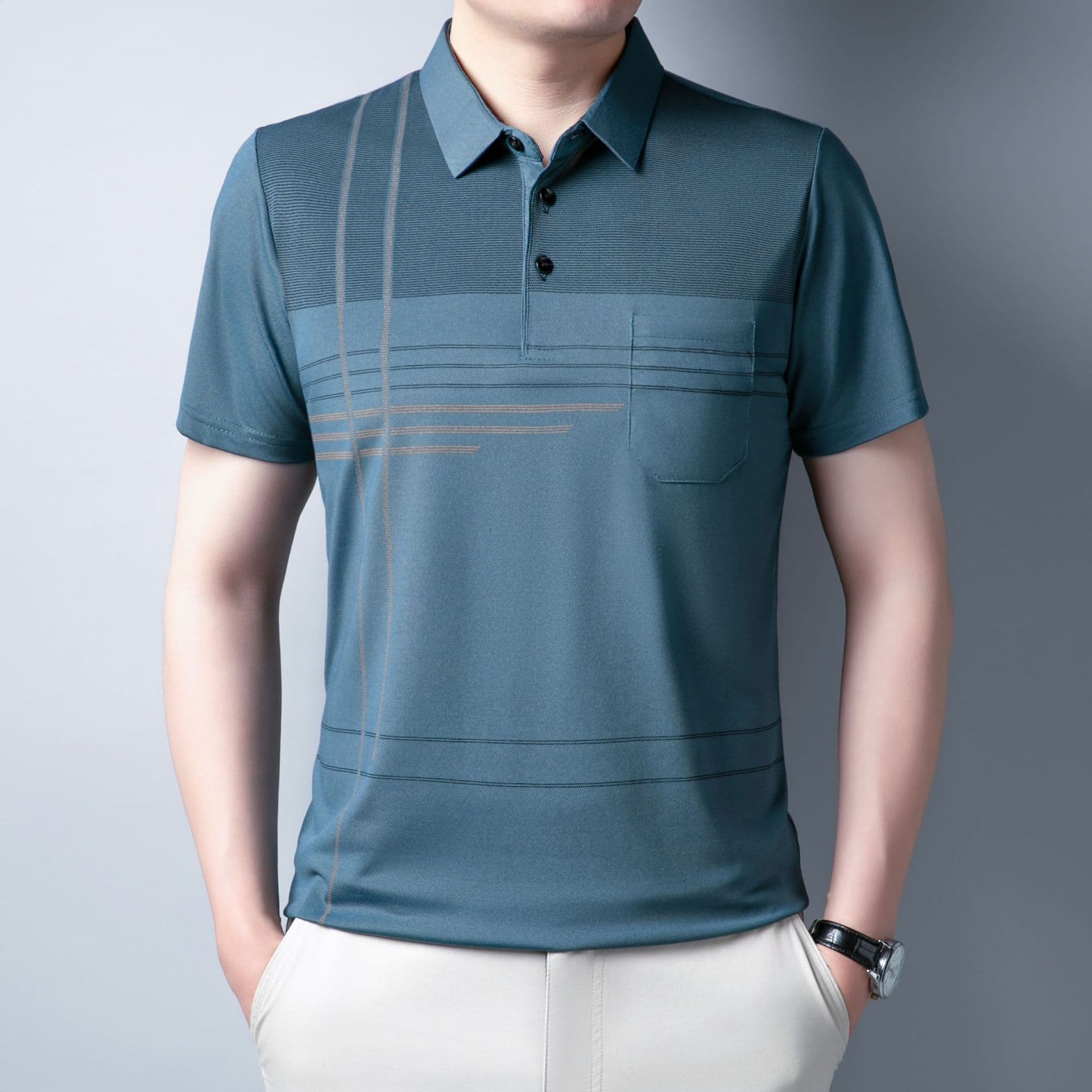 2025 men's striped short-sleeved polo shirt thin summer new loose middle-aged breathable T-shirt business casual