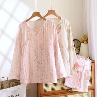 Chinese-Style Pure Cotton Double-Layer Gauze Round Neck Pajamas for Women, Spring and Autumn National Style Long Sleeve and Long Pants Loungewear Set