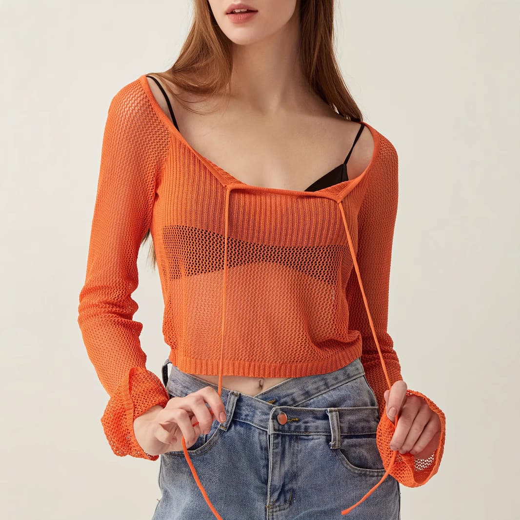 European and American Hot Style Sexy Short Sheer Knitted Top Outerwear Long Sleeve Sun Protection Pullover Hoodie Processing Customization TEMU