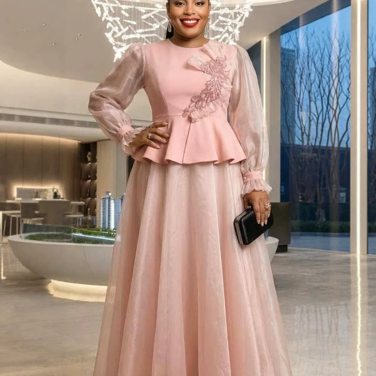 Plus Size Women's Pink Mesh Two-Piece Illusion Dress with Applique Round Neck Ruffle Bubble Sleeve Full-Length Skirt