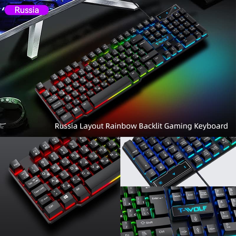 T-WOLF T20 Gaming Keyboard Wired Backlit Arabic Spanish Russian Computer Keyboard for Cross-border Sales