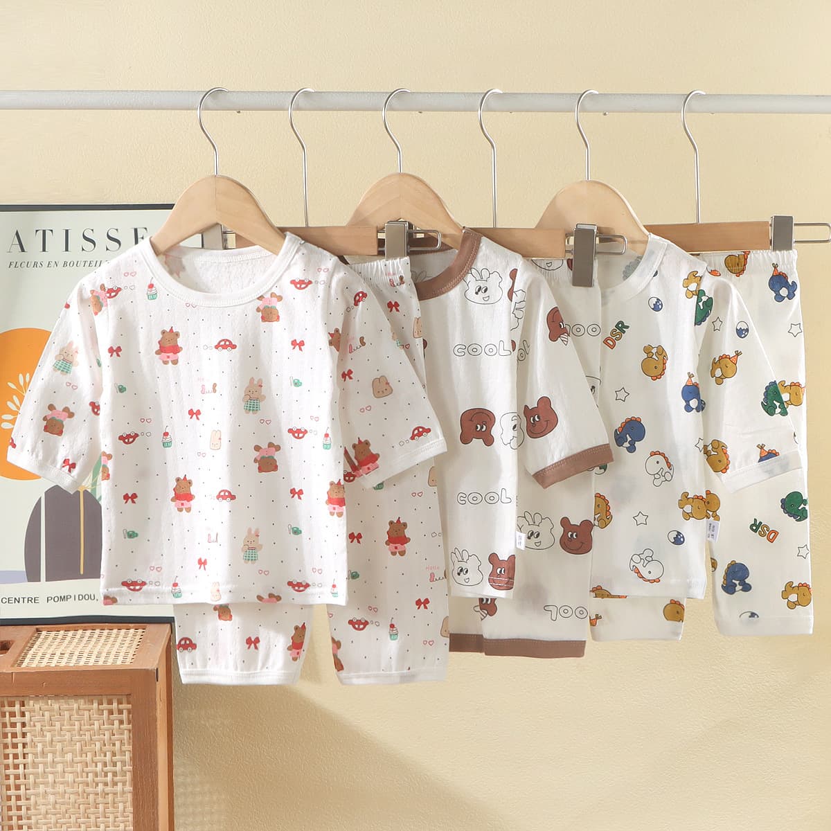 Children's Homewear Pure Cotton Class A for Boys and Girls, Pajamas, Baby Summer Air-Conditioned Wear, Three-Quarter Pants, Jacquard Kids' Set