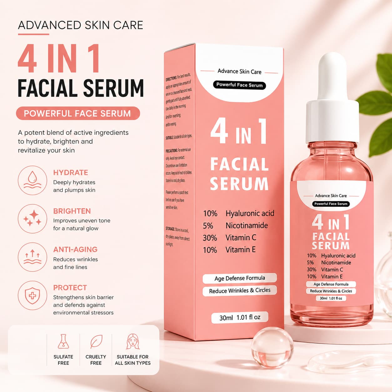 Cross-border Facial Serum 4 in 1 Face Serum Firming Liquid Essence Brightening Moisturizing Multi-Effect