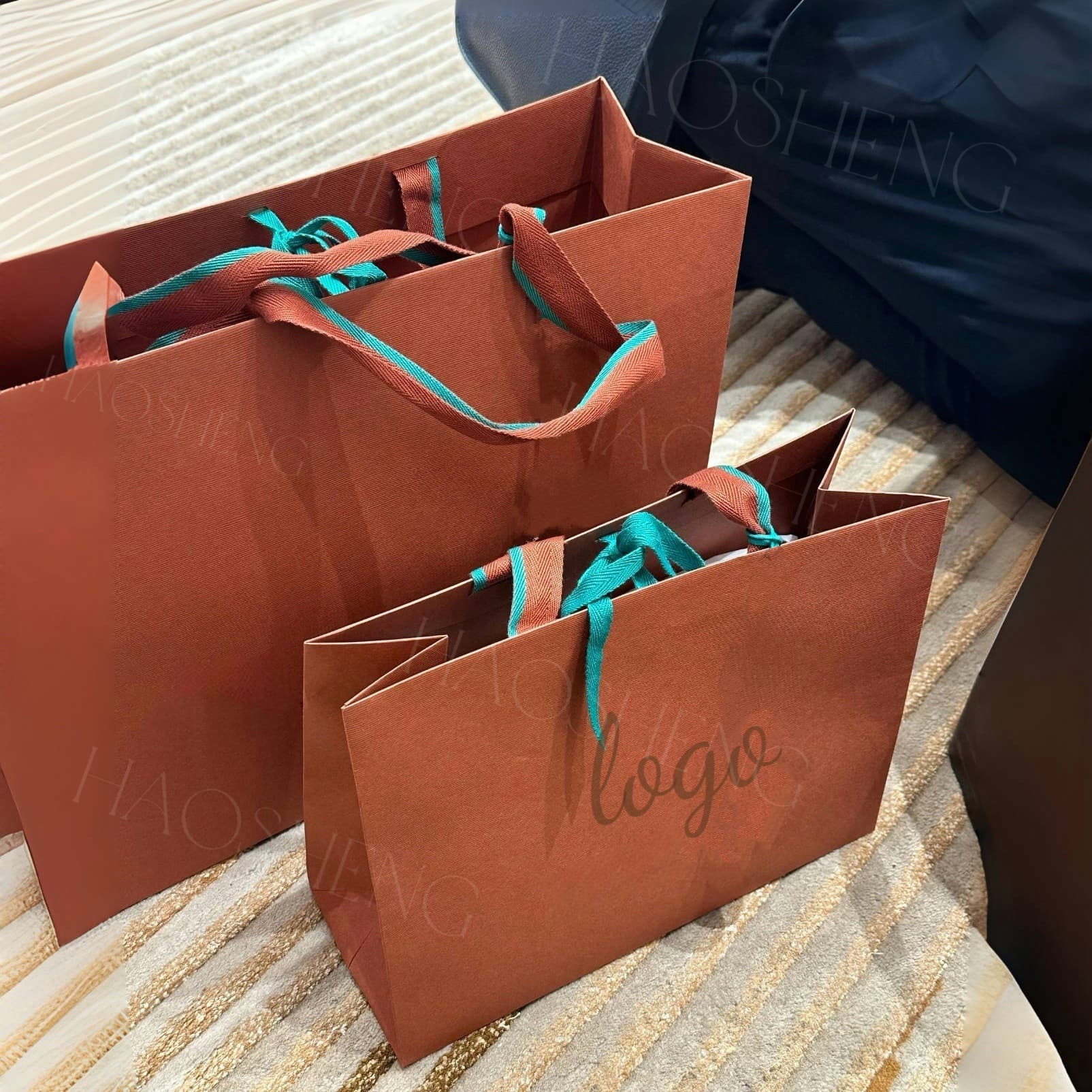 Paper bag for shopping luxury clothes and shoes, specialty paper, dark brown packaging, gift paper bag
