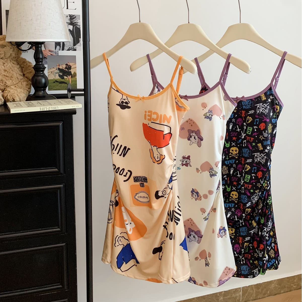 1930# Printed suspender pajamas, breast pads, women's summer sleeveless slim-fit pure lust girls sexy hip-covering skirt home wear