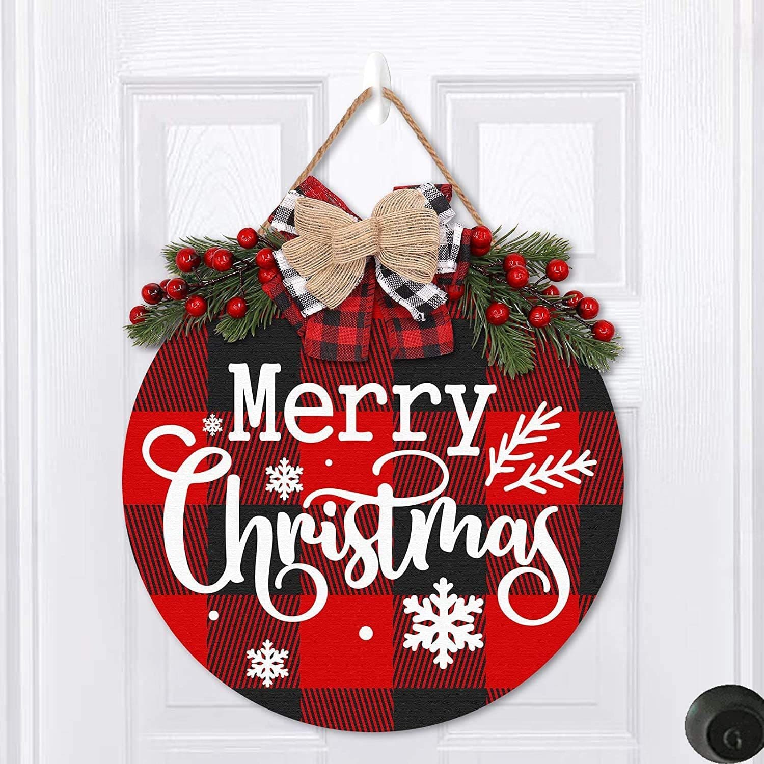Cross-border American-style Christmas Wooden Welcome Door Sign with Simulated Leaves and Bow Decorative Wreath Christmas Door Hanger
