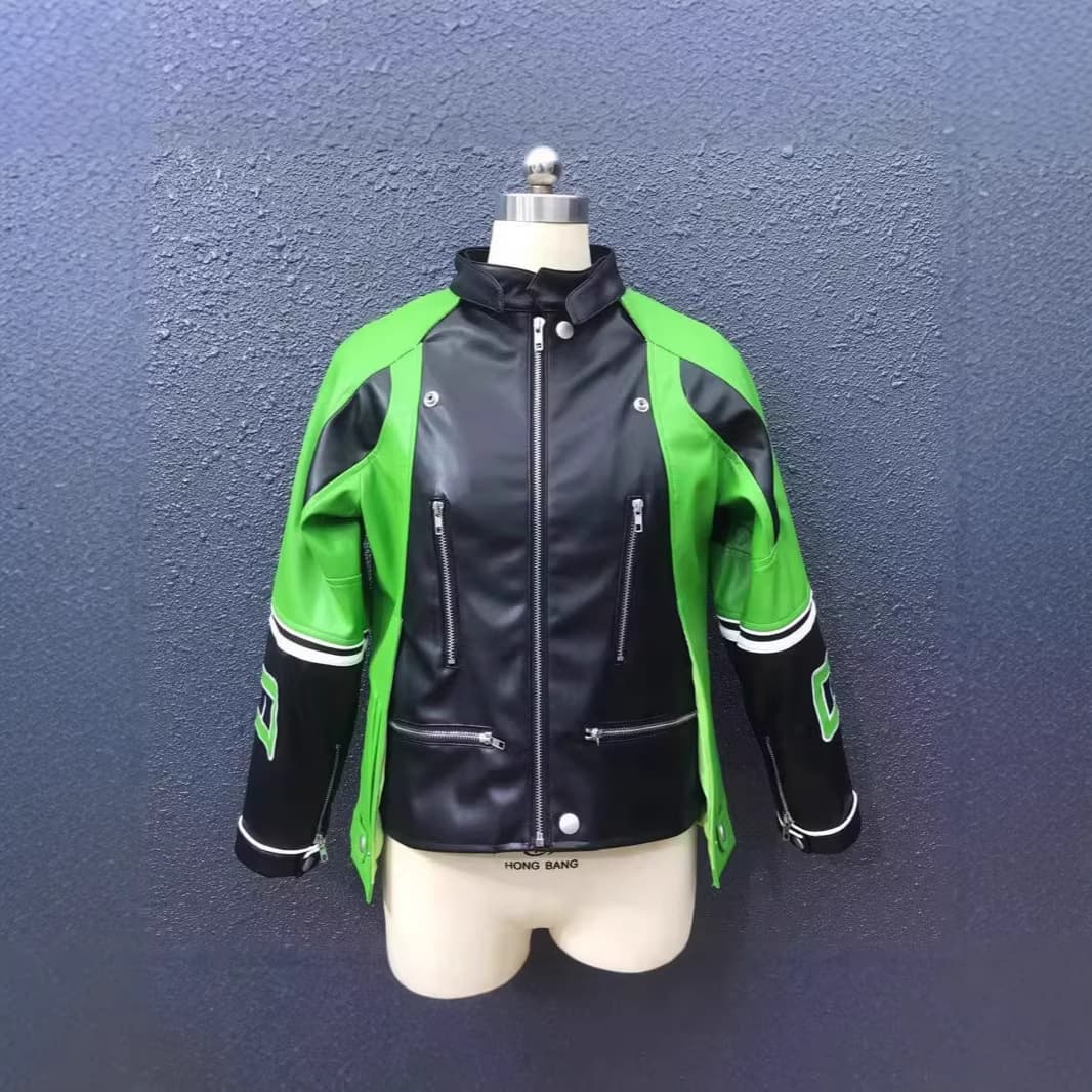 2026 Spring Autumn New Star Zhao Lusi Same Style Green Leather Jacket Motorcycle Jacket Baseball Jacket Women