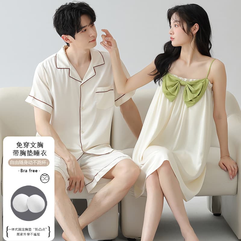 Couple Pajamas Summer Thin Ice Silk New Short Sleeve for Men and Women Sleep Dress Camisole Sexy Homewear Set