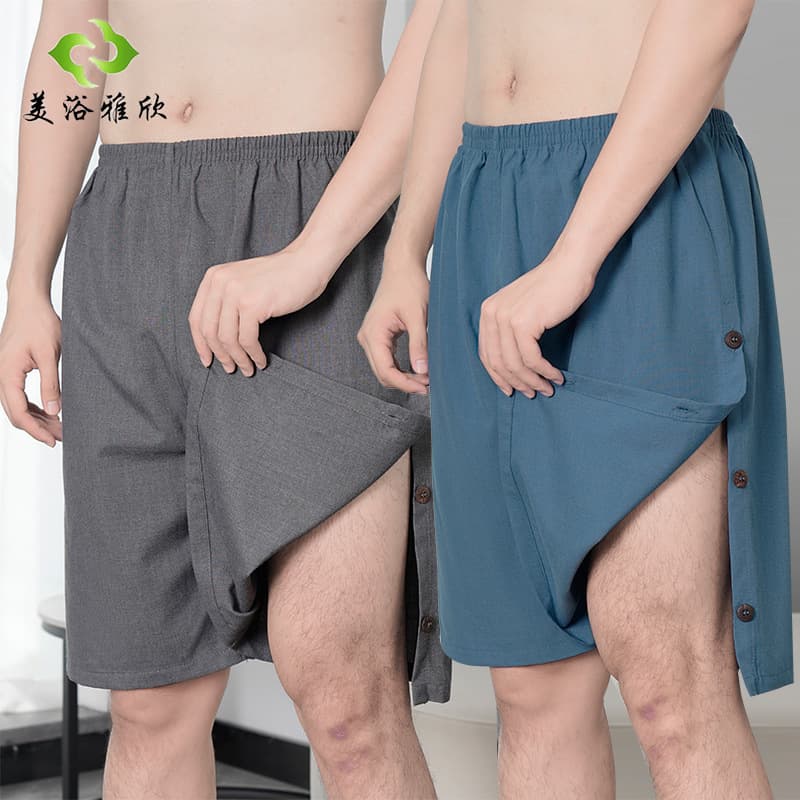 Foot spa cotton massage pants, soft men's split-leg sauna shorts, bath center moxibustion shorts, wholesale bath pants.
