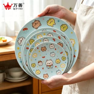 Japanese melamine flat plate round plate bamboo fiber high appearance cartoon cute borderless plate custom pattern plate