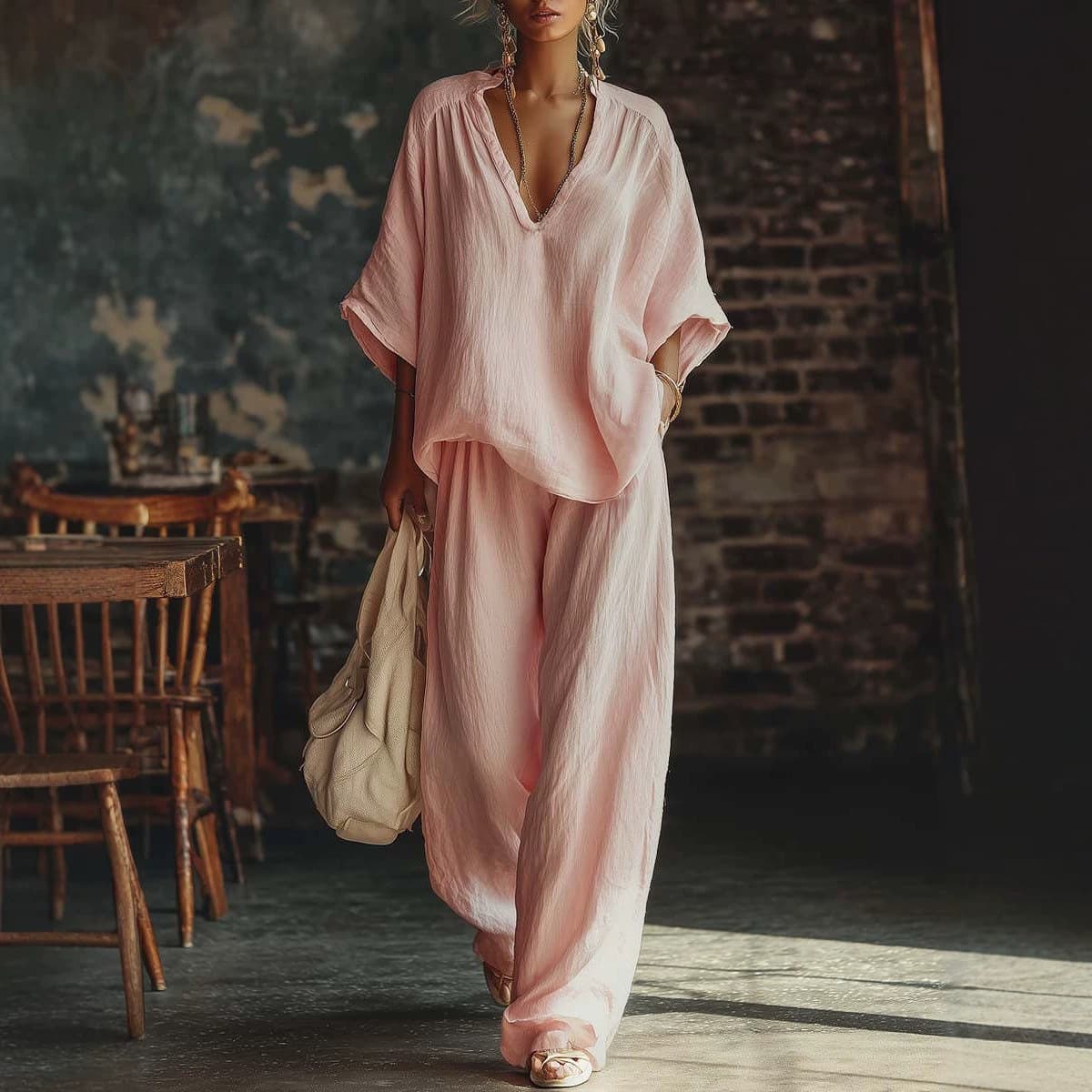 2026 Spring/Summer Women's Loose Casual Comfortable Solid Color Two-Piece Set for Cross-Border Markets in Europe and America
