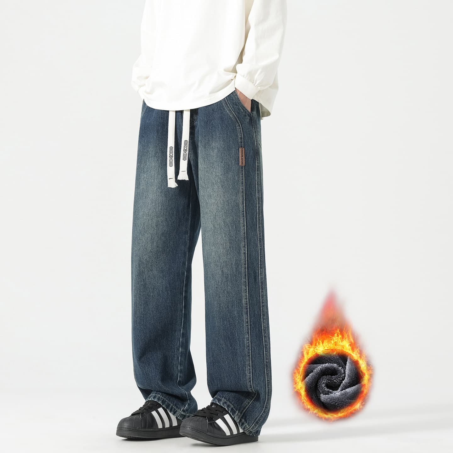 American High-Street Trendy Brand Fleece-Lined Warm Jeans for Men, Autumn/Winter New Loose Casual Wide-Leg Straight-Leg Long Pants
