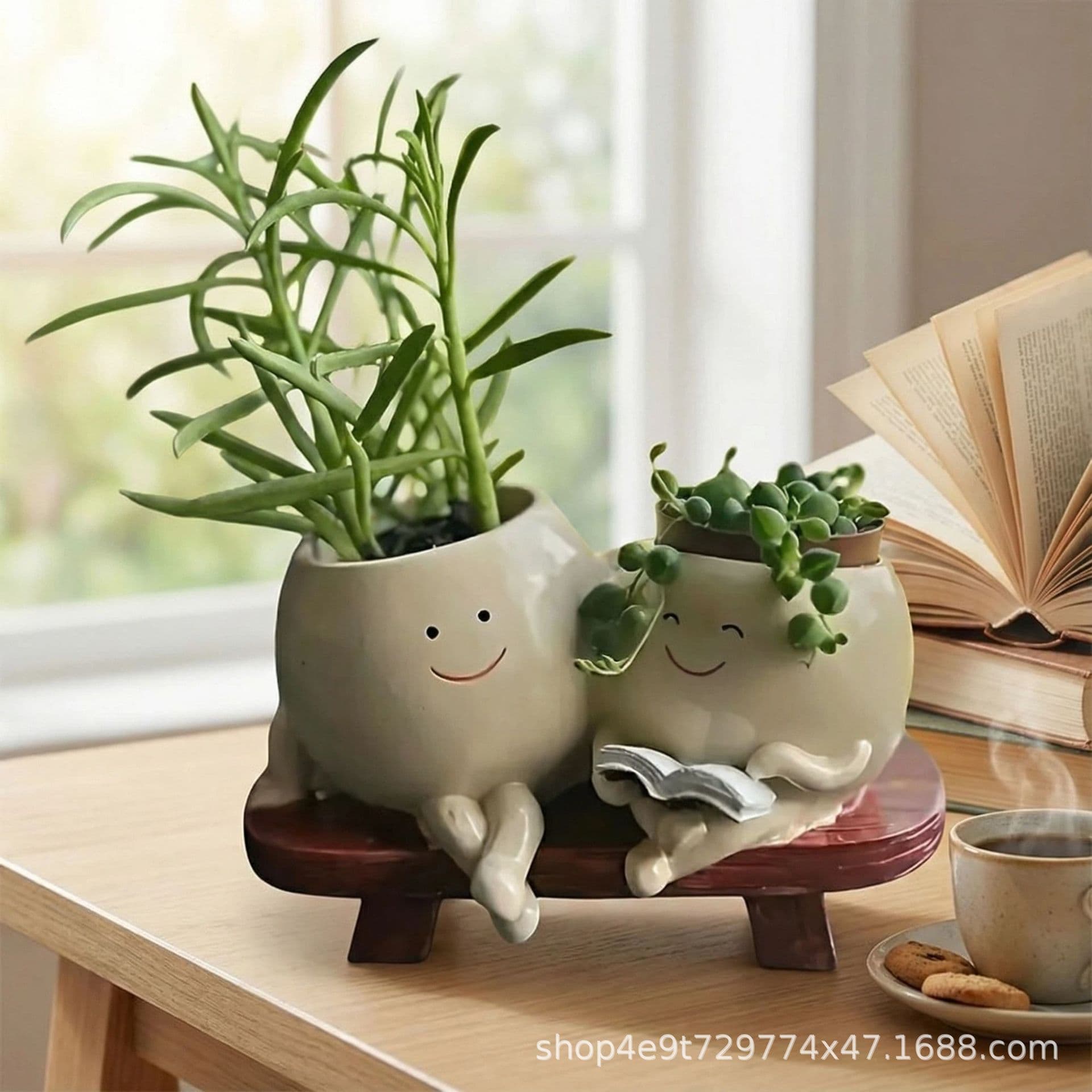 Cross-border Double Person Reading Green Plant Flower Pot Garden Decoration Windowsill Flower Succulent Pot Office Study Decoration