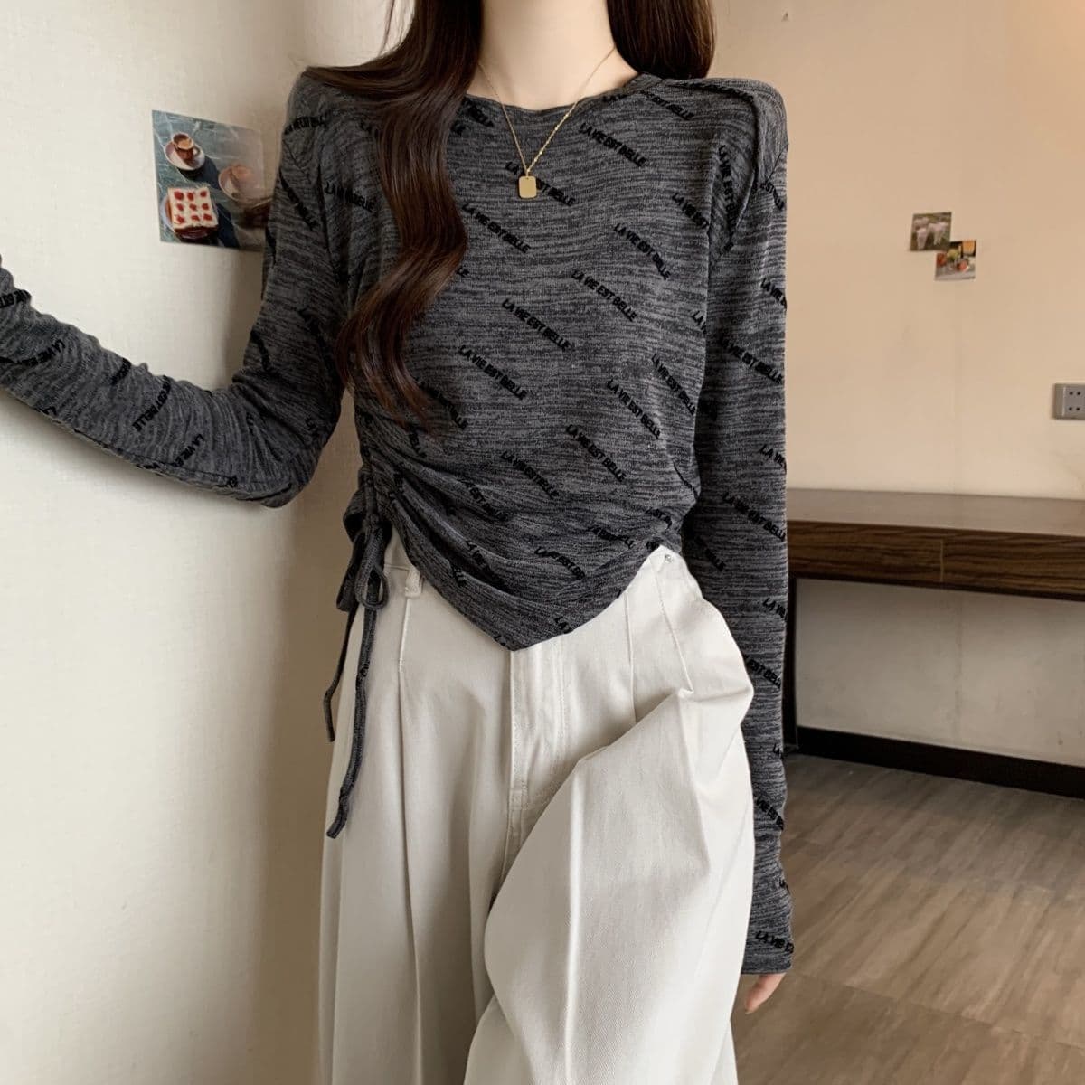 [260g Modal 1x1 Back Neck Wrap] Trendy Regular Shoulder Long Sleeve Printed T-Shirt for Plus Size Women with Irregular Drawstring