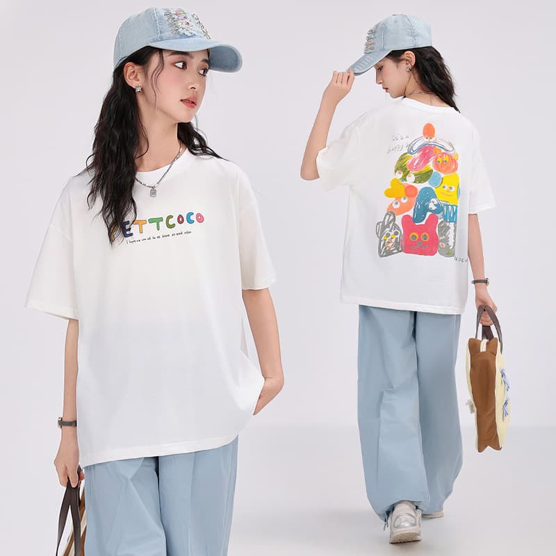 Girls Short Sleeve T-Shirt 2025 Summer New Style Teen Girls Plus Size Casual T-Shirt Loose White