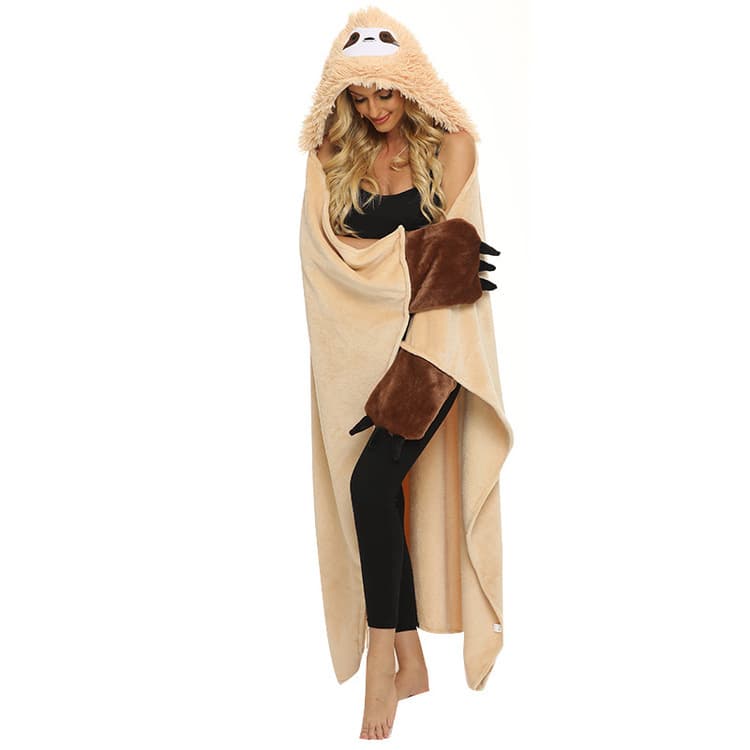 Winter leisure hooded flannel blanket in camel color, TV blanket, sloth cloak cartoon animal design.