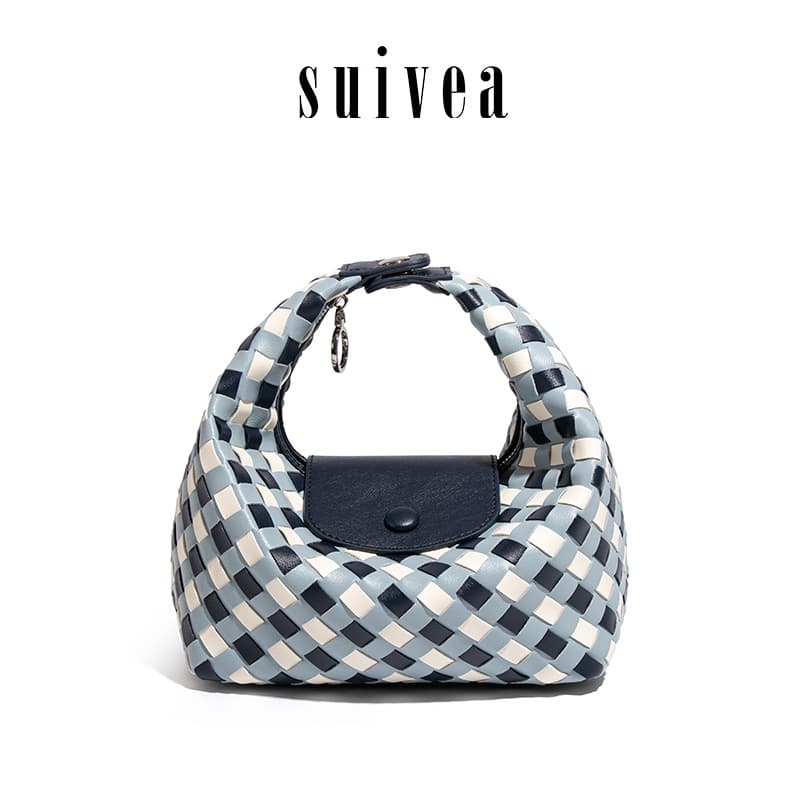 Blue and White Plaid Woven Lunch Bag, Longchamp New Style Dumpling Bag, Casual Versatile Single Shoulder Crossbody Tote Bag