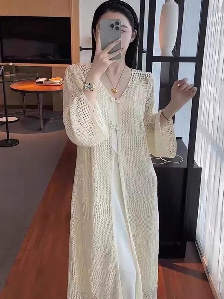 2026 New Style Chinese-Style Buttoned Mid-Length Knitted Hollow-Out Cardigan for Women, Loose Fit, Gentle and Elegant, Sun-Protective Cardigan for Spring and Autumn