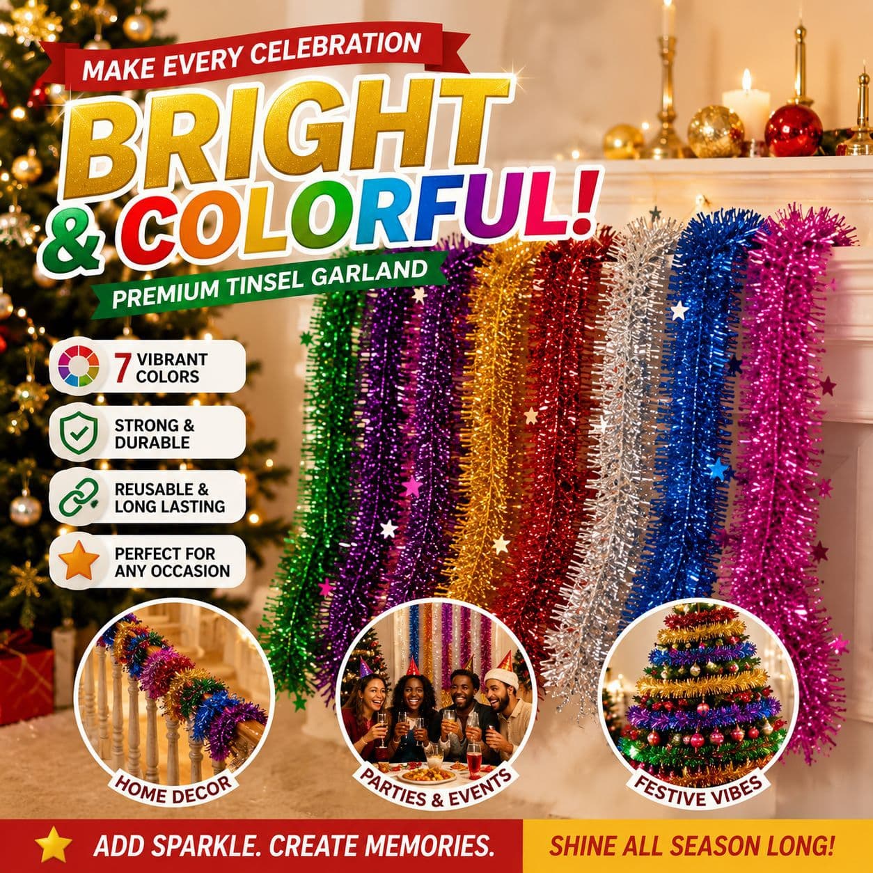Merry Christmas! Five-pointed star tinsel ribbon for wedding and Christmas party decorations