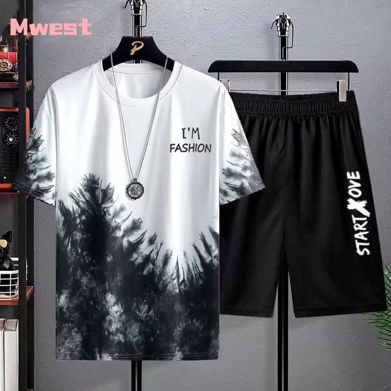 2025 new quick-drying ice silk gradient suit men's short-sleeved T-shirt summer casual shorts sports two-piece handsome set