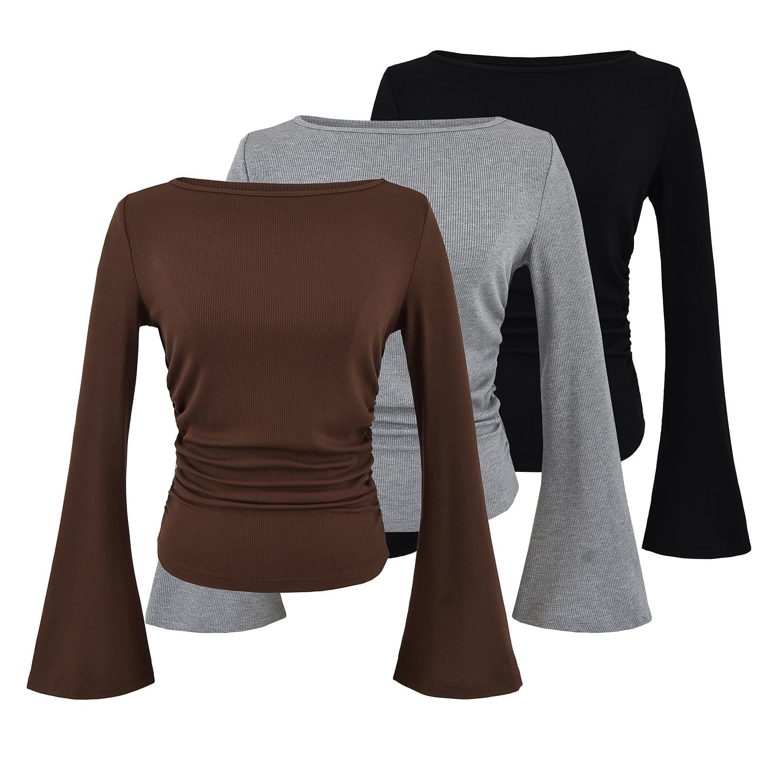 American Style Slim Fit Off-Shoulder Flared Sleeve T-Shirt for Women 2024 Fall Winter Solid Color Ruched Top