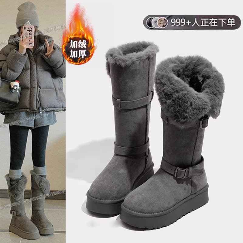 High-Top Gray Snow Boots for Women in Winter, New Thick-Soled Fleece-Lined and Thickened Mid-Length Fur Integrated Snow Boots and Cotton Shoes