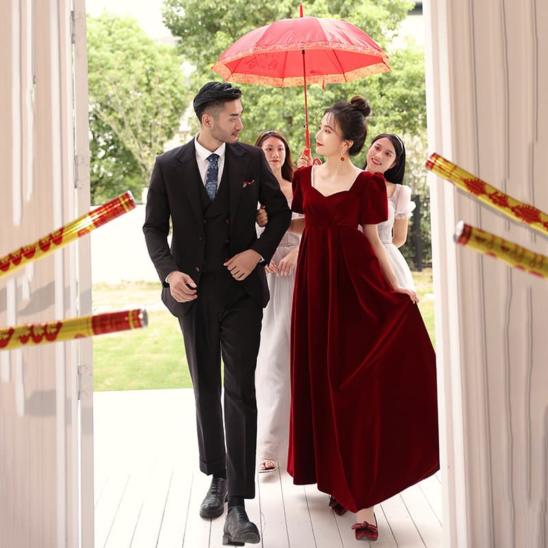 2026 New Cross-Border Toast Dress Wine Red Mid-Length High-Waist Maternity Wedding Engagement Evening Dress Wholesale