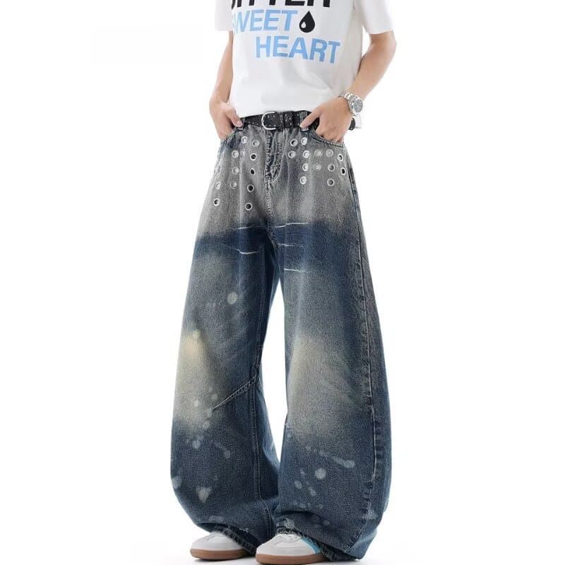 Vintage Splatter Paint Jeans Men Straight Loose Curved Knife Wide Leg Washed Distressed American High Street Pants Trendy Versatile