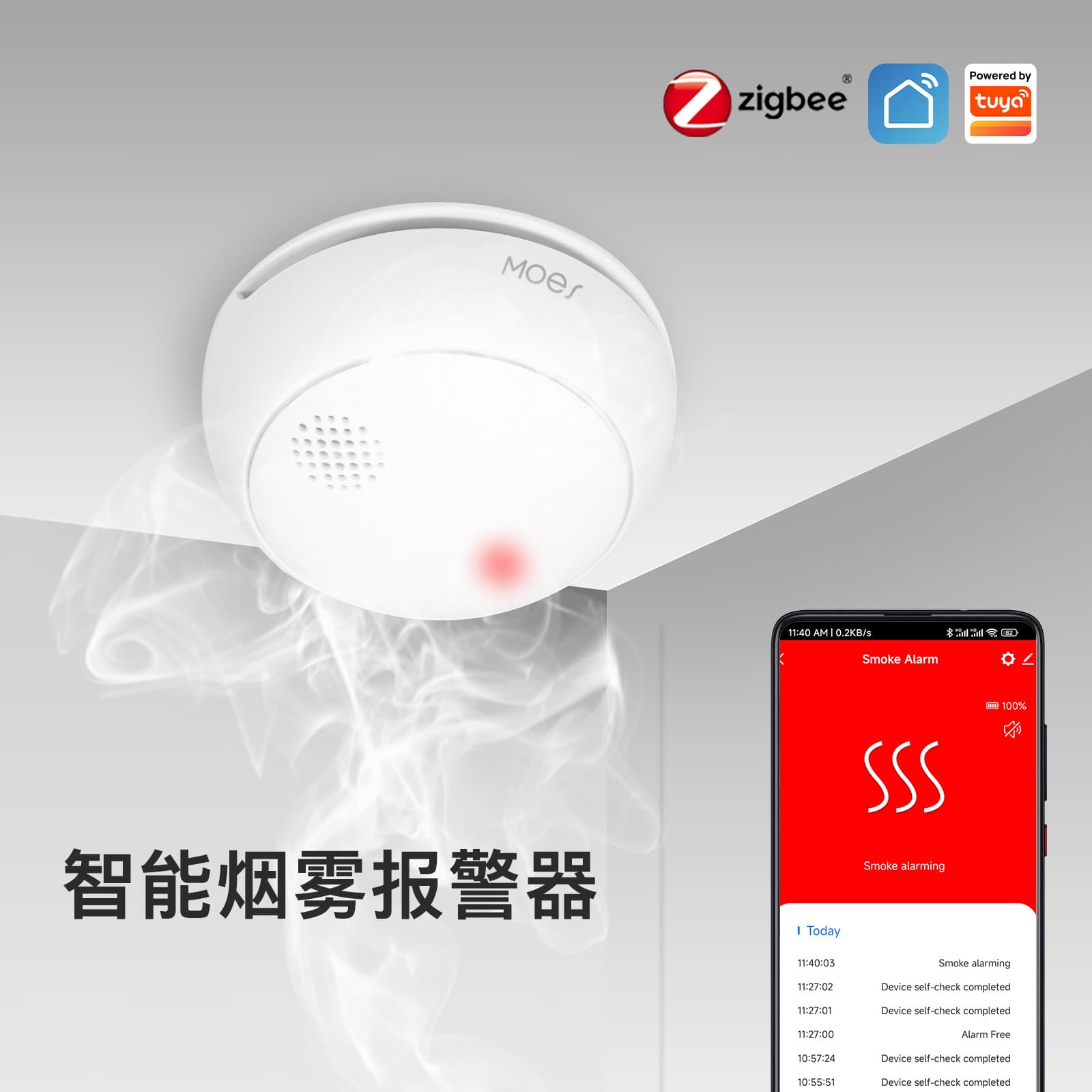 Smart Home Kitchen Smoke Alarm Sensor ZigBee App Timed Intelligent Fire Safety Durable Wall/Ceiling Mounted LED Indicator