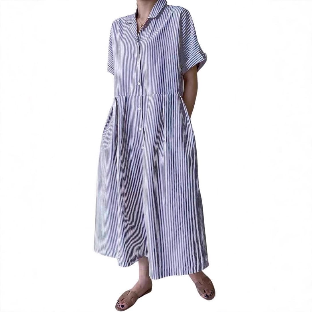 Women's Casual Single-Breasted Pleated Pocket Shirt Dress, Mid-Long Striped Shirt Dress for European and American Cross-Border Trade