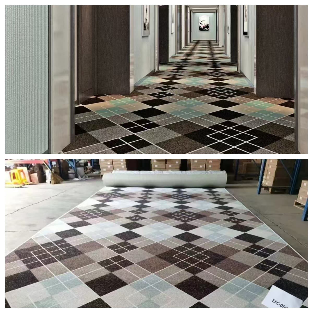 Hotel carpeting, banquet hall, lobby, conference room, guest room corridors, commercial floor-to-ceiling carpeting, flame retardant, customizable full coverage available.