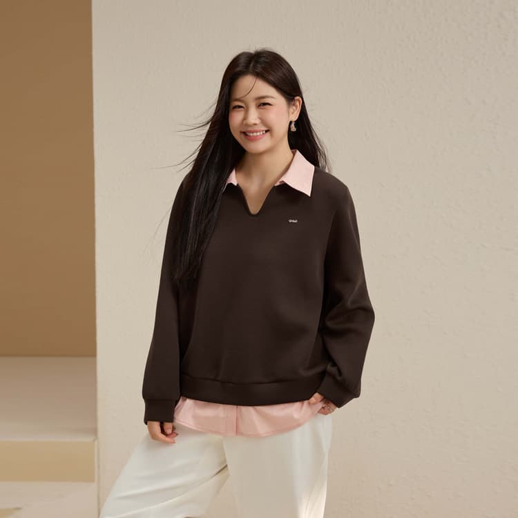 【Two-Tone Collar Pullover with Mock Two-Piece Design】Xianlixiu Plus-Size Women's Clothing Youthful Versatile Top, New Autumn Style for Curvy Girls