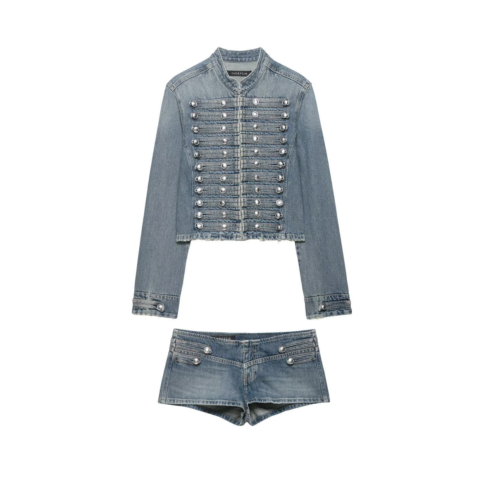 2026 Spring New Braided Button Denim Jacket + Mini Shorts Y2K Denim Set Premium Style