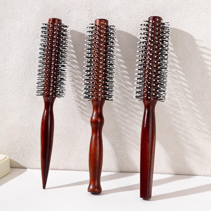 Professional Hair Salon Round Brush for Long Hair, Round-Tip Inner-Curl Styling Comb, Red-Brown Nylon Bristles, Wooden Round Brush for Curling